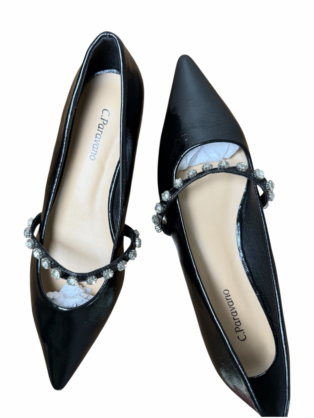 C. Paravano Black Crystal Mary Jane Flats Pointed Toe Lambskin EU 38 US 7.5 - Picture 2 of 12
